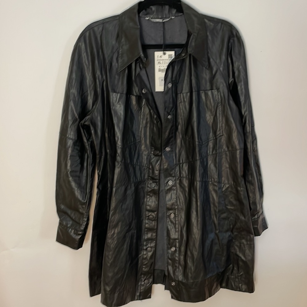 ZARA XL Faux Leather Long Sleeve Shirt Dress Snap Front Chest Pocket Black Mini - Picture 15 of 16